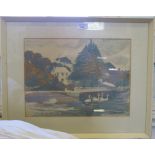 F.M.C. Bois Swans on a river Two colour woodblock Signed and dated 1956 28cm x 37.5cm