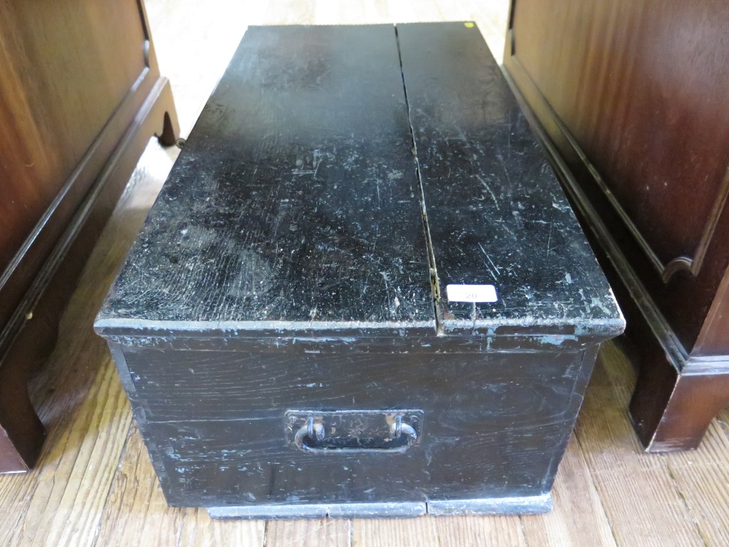 A black painted blanket box, with internal candle box 78cm wide 41cm deep 29cm high