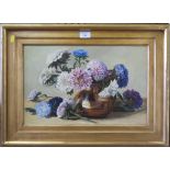 F.H. Wood Still life of flowers in a copper vase Oil on canvas (relined) inscribed verso 30cm x