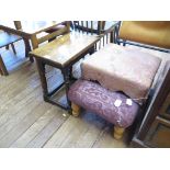 An oak stool with turned supports and stretchers, an upholstered footstool, and a modern turned wood