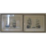 A Pair of marine pen and watercolour drawings depicting ships at anchor and a Naval encounter