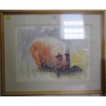 Rosemarie Dr Geode S.W.A. (d.2011) Study of a large black pig in the sunshine Watercolour Signed