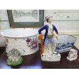 A Staffordshire figure of a Huntsman holding his catch 37cm high, a cottage pastille burner, a large