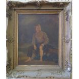 19th Century English School Seated boy with trouser leg raised Oil on canvas 37cm x 29cm