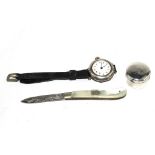 A mother of pearl fruit knife, a ladies silver watch and a silver pill box, etc