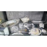 Silver plate including oval dish 32cm, swing handle basket 14cm, lozenge-shaped dish 19cm, spoons,