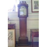 A 19th century oak cased longcase clock, the swan neck pediment over a painted arch dial depicting