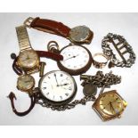 Two pocket watches, a silver Albert, four wristwatches, and a paste set buckle