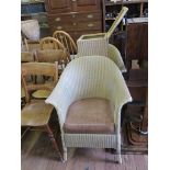 Two Lusty Lloyd Loom armchairs, a basket, and two basket-weave chairs