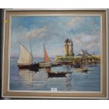 Elise Moss Boats moored at harbour entrance on the Brittany coast Oil on board, dated 1963 49.5cm