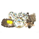 A small bag of costume jewellery, some silver together with Coalport porcelain spirit level