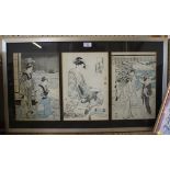 Three Japanese prints of ladies framed as one each image 34 x 23 cm