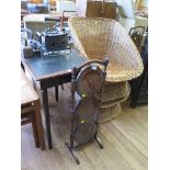 A stained beech and boxwood torcchere stand, a mahogany window table with inset top and a cream