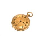 An 18 carat gold key wind pocket watch having decorative engraving to the case with a gold dial