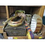 A copper and brass bugle, other brassware, pressed metal box, jelly mould and ceramics (one tray)