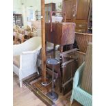 A 1930s walnut square standard lamp, a smokers stand, two sewing boxes, a fire fender and a