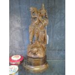 Antique finely carved Indian wood figure of Radha Krishna mounted on hardwood stand, as found
