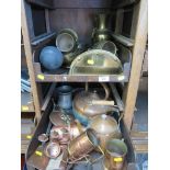 A brass car horn, other brassware, two copper kettles and other copperware