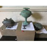 Three Chinese bronze replica food vessels, from a limited edition of 50, bearing stamp of the Palace