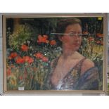 20th Century Study portrait of a young woman with poppies in a woodland oil on canvas Indistinctly