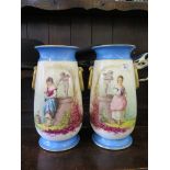 A pair of late 19th century French porcelain vases, with Sevres blue bands and painted with girls