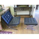 A chrome and black leatherette Barcelona chair and stool, with cross frame supports, after designs