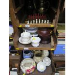 A late 19th century travelling chess set, two Royal Albert calendar tea cups and saucers, various