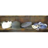 A BOAC pilots hat (lacks badge), a bowler hat, a Foreign Legion type hat, a sailor's collar