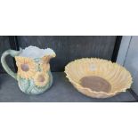 Fitz and Floyd vintage sunflower and painted pitcher jug and large bowl 37cm diameter