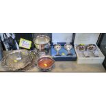 A collection of silver plate to include a waiter, a rose bowl, two boxed plated champagne goblets,