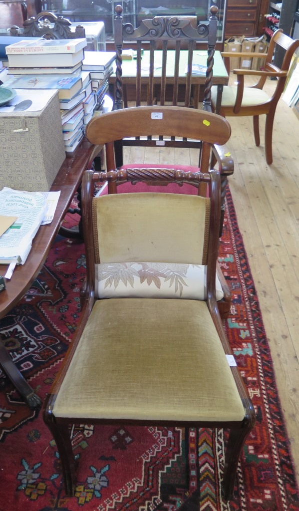 An early Victorian mahogany dining chair, with tablet mid rail, drop in seat and turned legs, an oak