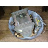 A Kendrick enamelled iron pan 46cm wide, a Victorian wall lantern, pocket balances, door knobs and