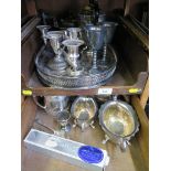 Three trays of silver plate to include trays, candelabra, etc