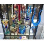 Two wine glasses with spatter glass trumpet bowls, 14cm, three art glass vases and two drinking