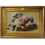 F.H. Wood Still life of flowers in a copper vase Oil on canvas (relined) inscribed verso 30cm x