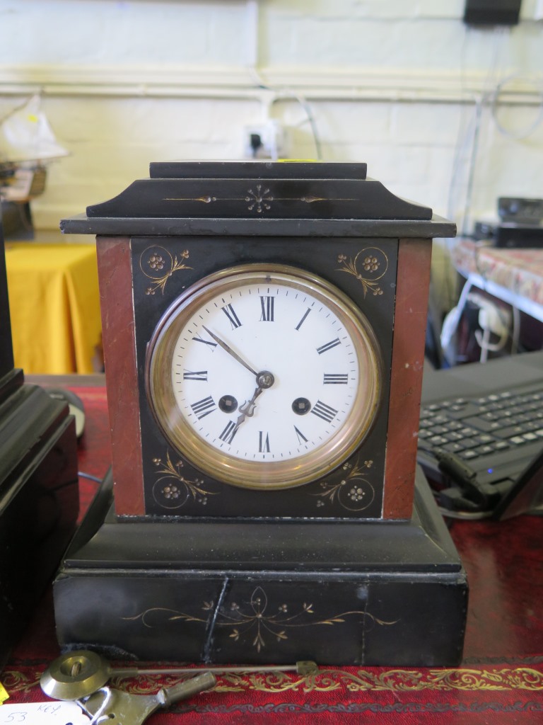 A late Victorian large slate and marble mantel clock, with gilt scroll highlights and exposed - Image 2 of 2