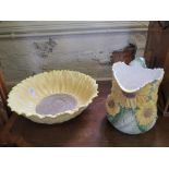 Fitz and Floyd vintage sunflower and painted pitcher jug and large bowl 37cm diameter