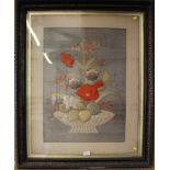 Two large Victorian silk embroidered panels, depicting flowers in baskets framed and mounted, each