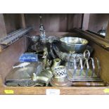 A mixed collection of silver plate to include egg cups, bowls, toast rack etc