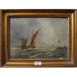 Unsigned Seascape with ships in choppy waters oil painting on panel 24cm x 34cm