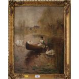 Albert E. Bailey Lady in a boat with swans Oil on canvas, signed 59cm x 43cm