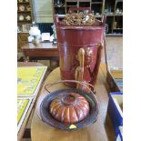 A Chinese red laquer cylindrical box with dragon carved top 58cm high, a softwood offering bowl with