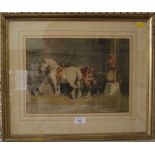 Theodore Fort (1870-1896) Cart horses in stable with black and white dog Watercolour, signed 26cm