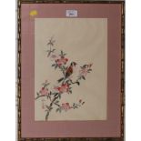 Two Chinese prints on silk of birds on flowering branches, 35cm x 25cm (2)