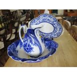 A Grimwades Roseate pattern blue and white washbowl and jug, and a blue and white quatrefoil form