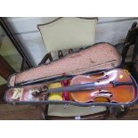 A violin, no makers label, with two piece back, length of back 36cm with a bow and fitted case