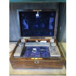 A ladies antique vanity box, the interior with silver plated and glass jars, etc