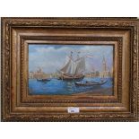 Late 20th century Spanish school Boat and gondolas in Venice Oil on board, stamped verso for Spain/