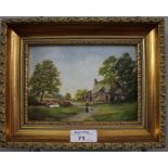 Richard Rhead Simm Figures outside cottages with ponds - a set of three Oil on board, signed 11cm