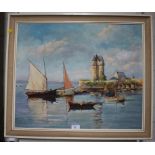 Elise Moss Boats moored at harbour entrance on the Brittany coast Oil on board, dated 1963 49.5cm